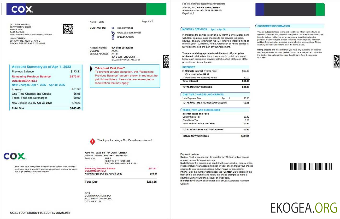 USA COX digital cable television utility bill, Word and PDF template, 2 pages